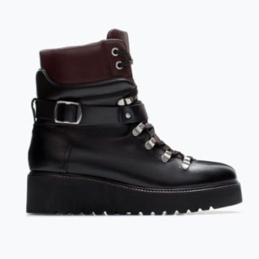 Zara Woman Leather Mountain Hiking Lace Up Combat Ankle Boots: Black/Brown